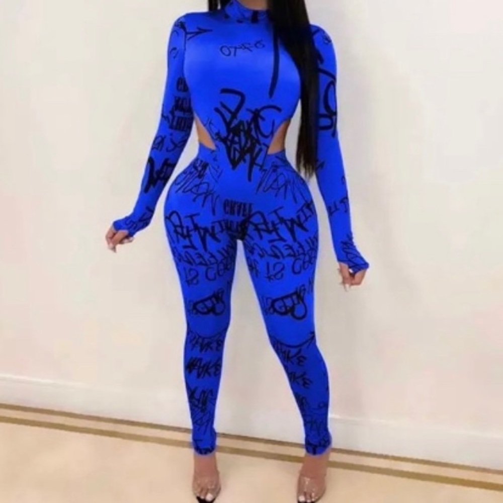 Letter Print Bodycon Jumpsuit Two Piece Set